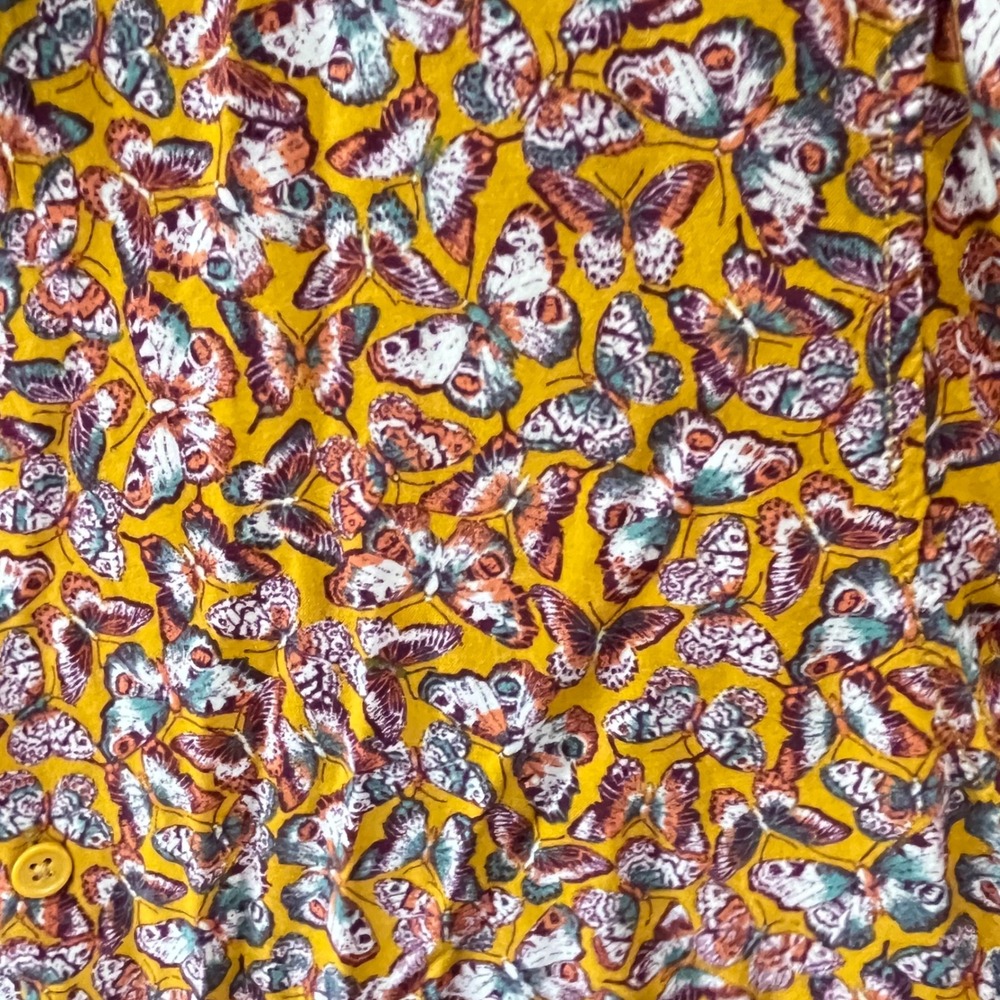 Earthbound Trading Co Butterfly Print Rayon Button Down Shirt Mustard Yellow M - Picture 2 of 5
